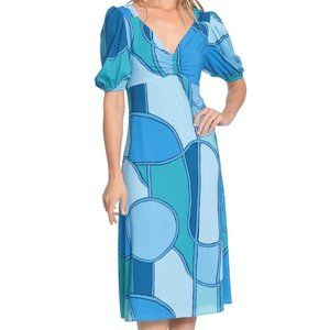 Donna Morgan V Neck Puffed Short Sleeve Empire Waist Midi Dress-GREEN BLUE. NWT!